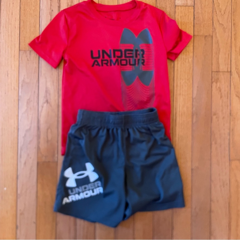 Under Armour boys size 6 Red Shirt and Gray Shorts Set